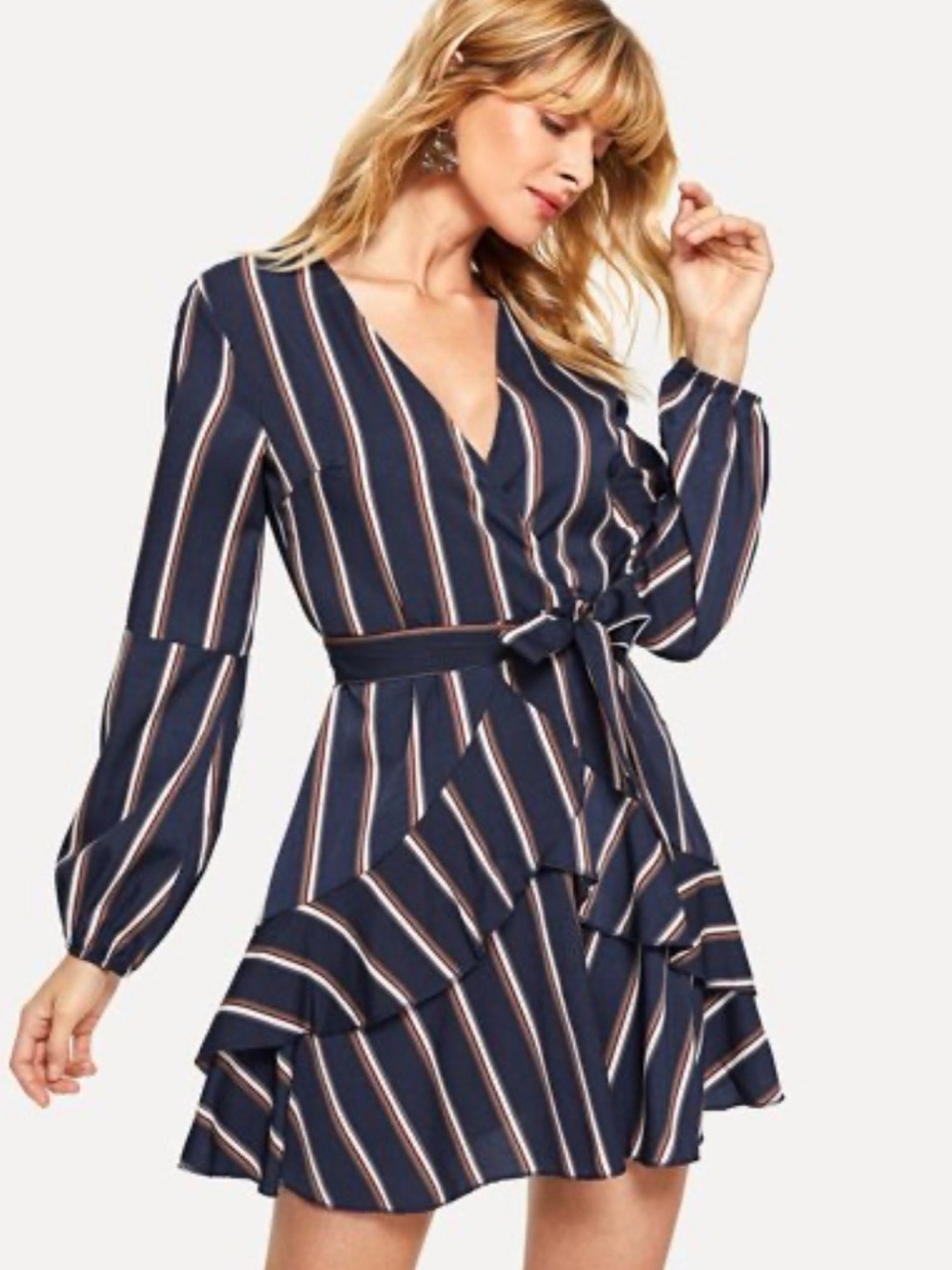 Women's Navy Striped Long Sleeve Wrap Dress with Tie Waist